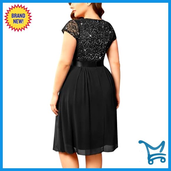 Sequin Lace V-Neck Tiered Chiffon Cocktail Dress Plus Size Elegant Party - Picture 2 of 7